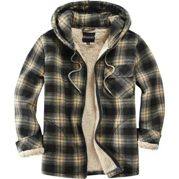 Men's Full Zip Fleece Flannel Jackets Shirt Plaid Cotton Hoodies Coat with Hood